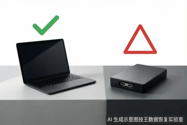 画面分为左右两部分，左侧是一台打开的笔记本电脑，上方悬浮绿色对勾；右侧是一个黑色移动硬盘放置在深色台面上，上方悬浮红色警告三角形。两者通过高低不同的台面和符号形成对比示意。