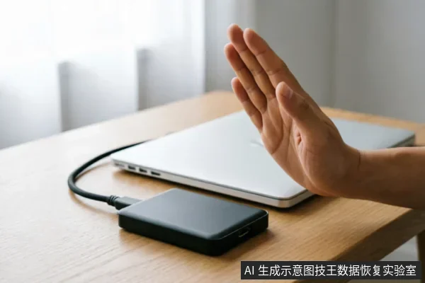 一只手掌在连接着笔记本电脑的黑色移动硬盘前做出停止手势,示意在数据恢复排查初期应禁止盲目操作或通电,防止造成二次数据破坏。