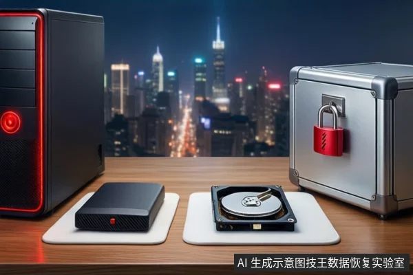 Black PC tower, external drive, open hard drive, and locked silver case on a desk.
