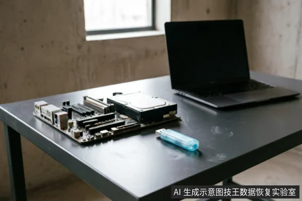 黑色桌面上放置着一块电脑主板,上面安装有一块机械硬盘,旁边放着一个蓝色U盘和一台闭合的笔记本电脑。背景为混凝土墙面和窗户,光线自然,呈现出硬件检测或数据恢复的工作台场景。