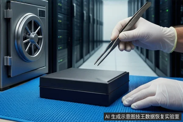 蓝色防静电垫上放置一个闭合的黑色方形盒子。左侧是一台带有圆形转盘的灰色金属保险柜。右侧一双戴白色手套的手,其中一只手持金属镊子悬停在盒子上方,另一只手平放在垫子上。背景是模糊的服务器机柜。