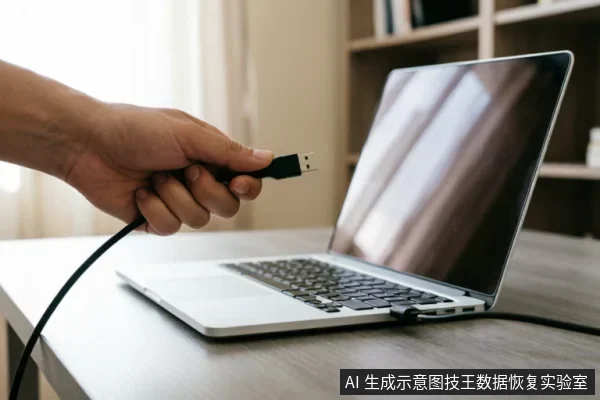 画面特写展示了一只手正握持黑色USB数据线接口,准备将其插入银色笔记本电脑侧面的端口中。背景为模糊的室内桌面与书架,光线明亮,清晰呈现了连接外部存储设备时的物理操作动作。