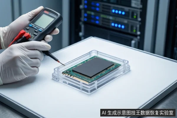 洁净室白色桌面上，前景一双戴白手套的手持万用表探针正在接触透明盒内的绿色闪存芯片。背景为模糊的服务器机柜。