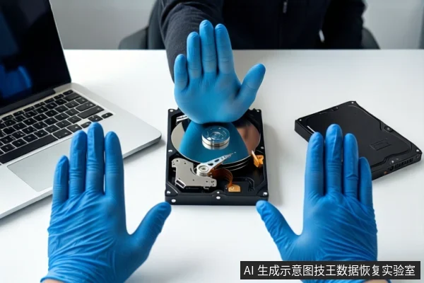 白色桌面上,左侧有一台银色笔记本电脑,中间平放一块打开外壳的机械硬盘,右侧平放一个黑色移动硬盘。前景一双戴蓝色手套的手掌心朝外,做出停止手势。