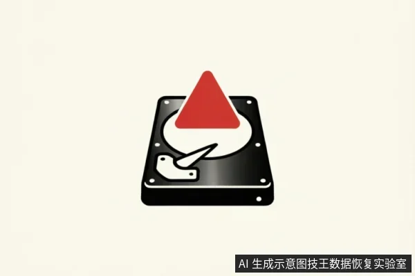 图片展示了一个黑色的机械硬盘图标,其上方叠加了一个醒目的红色三角形警告标志。该视觉符号直观地传达了存储设备故障、数据丢失风险或系统异常警报的含义,常用于提示用户注意硬件问题或停止写入操作。