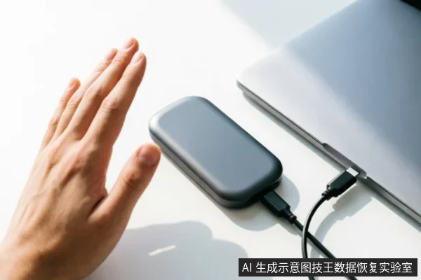 画面展示了一只手悬停在连接着笔记本电脑的灰色移动硬盘上方,呈现出制止或停止的姿态。设备通过数据线正常连接在电脑接口上,背景简洁明亮,直观示意在存储设备出现异常时应立即停止操作并检查外部连接链。