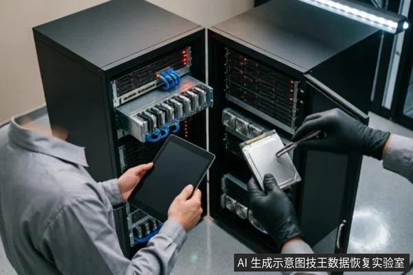 两名技术人员在服务器机柜前作业,一人手持平板电脑查看信息,另一人戴黑色手套使用工具从机架中取出机械硬盘。画面展示了专业数据恢复环境下的硬件提取与检测场景。