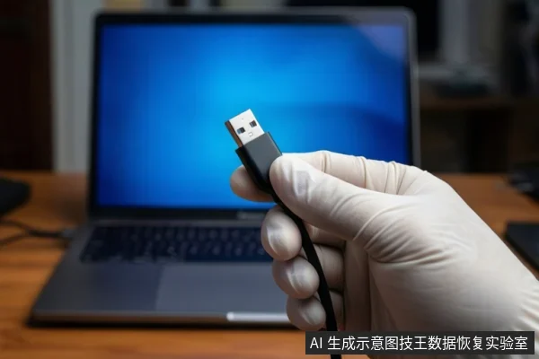 木质桌面上,一只戴白色手套的手持握一根黑色USB数据线接头,背景有一台打开的笔记本电脑,屏幕显示蓝色界面。