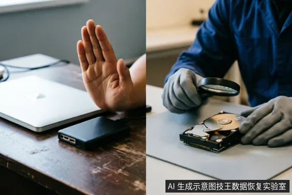 左侧画面中,一只手在笔记本电脑和移动硬盘前做出停止手势,示意切断电源或禁止操作;右侧画面展示一名戴手套的专业人员正使用放大镜仔细检查裸露的机械硬盘内部结构。