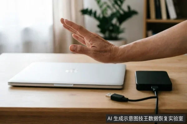 木质桌面上放置着一台闭合的银色笔记本电脑,旁边连接着一个黑色移动硬盘。一只手掌在设备上方悬停并张开,做出明显的停止或阻断手势,示意暂停操作。