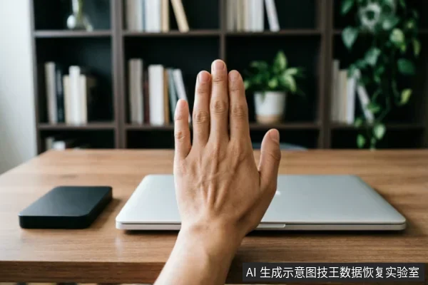 一只手掌在木质桌面上竖起,做出明显的停止手势。手掌前方放置着一台闭合的银色笔记本电脑,左侧有一个黑色的长方形移动硬盘。背景为模糊的书架和绿植,营造出办公环境氛围。