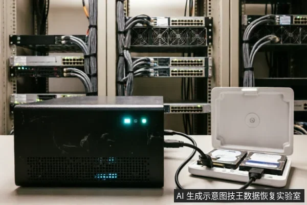 前景桌面上放置一台黑色多盘位存储设备,通过线缆连接至右侧白色硬盘座上的两块裸露机械硬盘。背景为布满网线和服务器的标准机架环境,展示了专业数据恢复或硬件检测的工作场景。