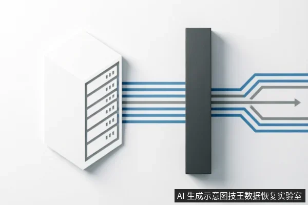 画面展示了一个白色服务器机柜通过蓝色数据线连接至深灰色垂直设备，数据流经该设备后汇聚为单箭头向右输出。整体呈现抽象的数据传输与处理示意图，无具体硬件细节或文字标识。