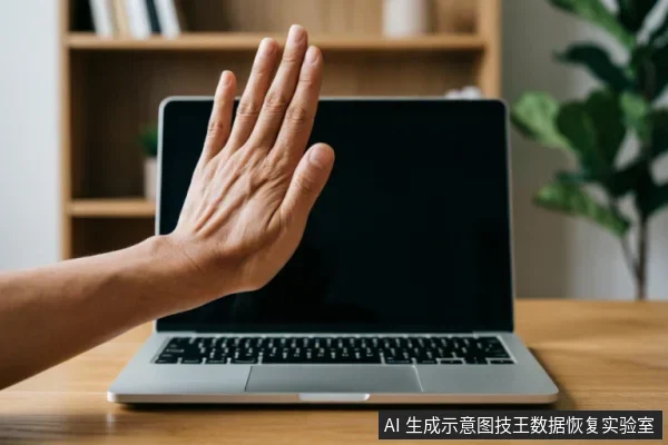 一只手掌在笔记本电脑屏幕前做出明显的“停止”或“拒绝”手势,掌心向外。背景为模糊的书架和绿植,电脑处于开启状态但屏幕黑屏,无文字显示。