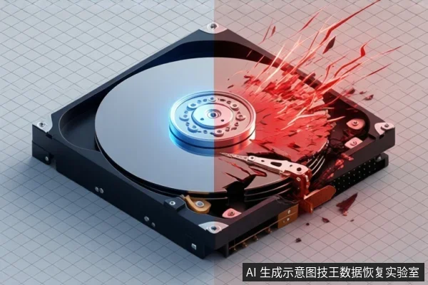 画面中一块机械硬盘平放在网格背景上,盘片右半部分呈现红色碎裂飞溅效果,磁头臂位于盘片上方,整体为故障破坏的示意渲染。