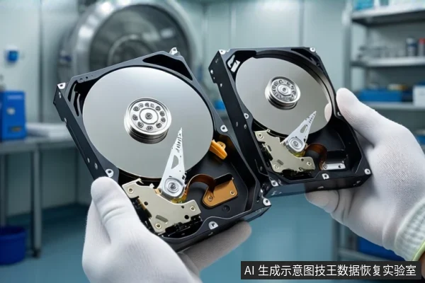 洁净室环境中,一双戴白色手套的手分别握持两块打开外壳的机械硬盘,展示其盘片与磁头组件。背景为模糊的实验室设备。
