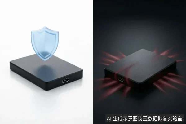 图片分为左右两部分。左侧在白色背景下展示一个黑色移动硬盘,上方悬浮着蓝色半透明盾牌图标,象征数据安全或逻辑保护;右侧在深色背景下展示同款硬盘,周围散发红色放射状光效,象征硬件故障、发热或物理损坏风险。