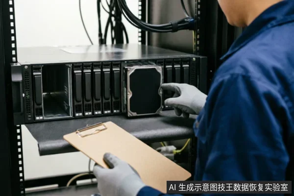 一名身穿蓝色工装、佩戴防静电手套的技术人员正在服务器机柜前操作。他一手托着写字板，另一只手正从机架式存储设备的硬盘插槽中取出或安装一块机械硬盘，展现了专业数据恢复或硬件维护的场景。