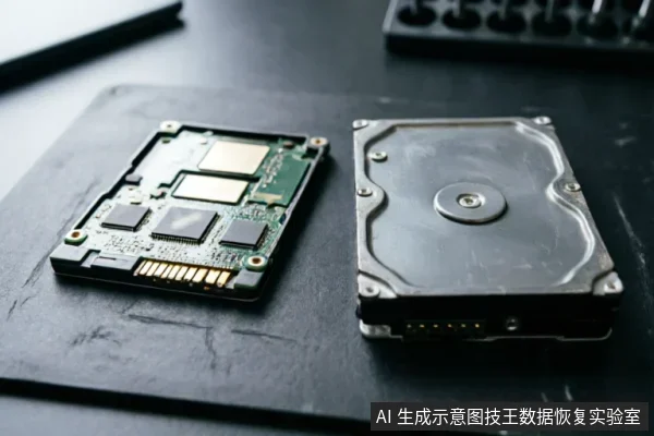黑色台面上并排展示着两块存储设备:左侧为裸露电路板的固态硬盘模块,右侧为金属外壳的机械硬盘背面。背景虚化处可见键盘一角,画面聚焦于两种不同存储介质的物理形态对比。