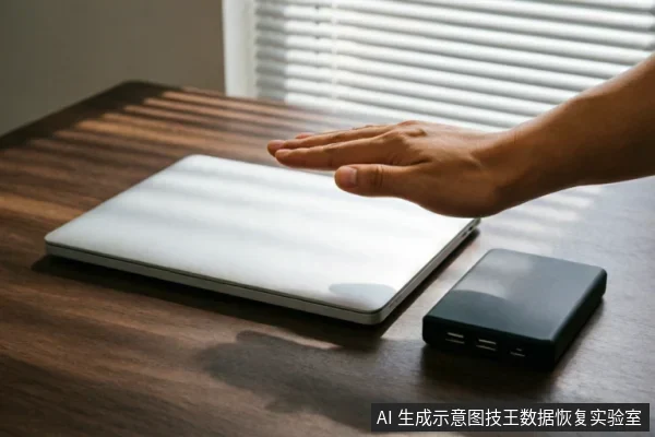 一只悬停在闭合银色笔记本电脑上方的手,旁边桌面上放置着一个黑色的多口移动硬盘盒或电源设备。背景为百叶窗,光线投射在深色木纹桌面上,呈现数据恢复或硬件检测场景。