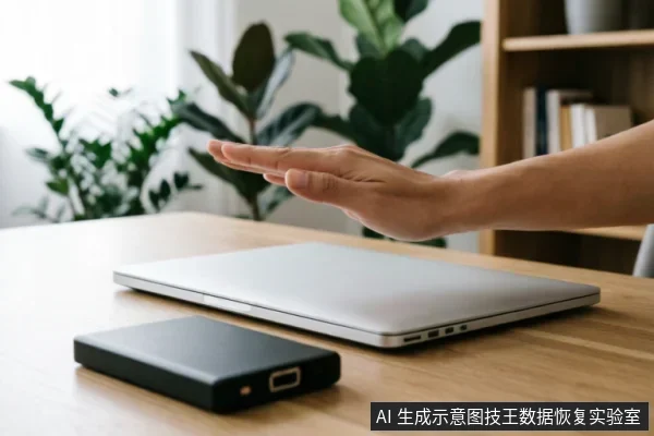 木质桌面上放置着一台闭合的银色笔记本电脑和一个黑色移动硬盘，一只手悬停在设备上方做出停止或拒绝的手势，示意在故障排查时保持谨慎、避免盲目操作。