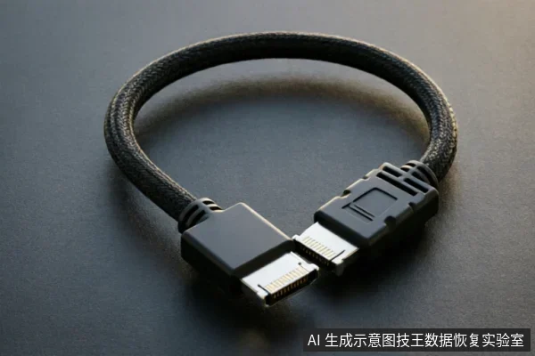一根黑色编织外皮的SATA数据线，两端接口相互靠近并呈环状放置在深色背景上。画面清晰展示了连接器的金属触点与塑料外壳结构，用于示意硬盘数据传输线缆。