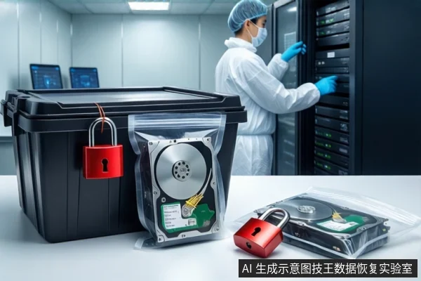 洁净室白色桌面上，左侧黑色防震箱挂有红色挂锁，中间防静电袋内装有一块机械硬盘，右侧平放另一块硬盘并挂有红色挂锁。背景中一名穿无尘服的技术人员正在操作服务器机柜。