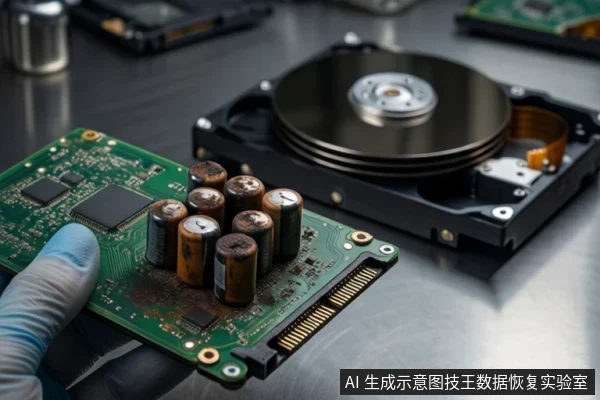 戴蓝色手套的手握持一块绿色电路板，板上可见多颗圆柱形电容和芯片；背景金属台面上平放一块打开外壳的机械硬盘，可见金属盘片与主轴电机。