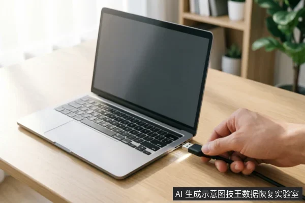 一只手持黑色USB数据线,正将其插入放置在木质办公桌上的银色笔记本电脑侧面接口中。背景可见书架与绿植,光线明亮,画面清晰展示了连接外部设备或供电的操作动作。