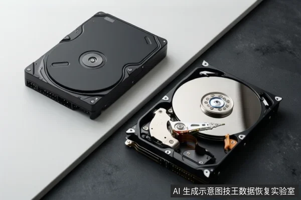 画面中并排放置两块3.5英寸机械硬盘:左侧为带黑色顶盖的完整硬盘,右侧为打开顶盖、露出金属盘片与磁头组件的硬盘,背景为灰黑双色台面。