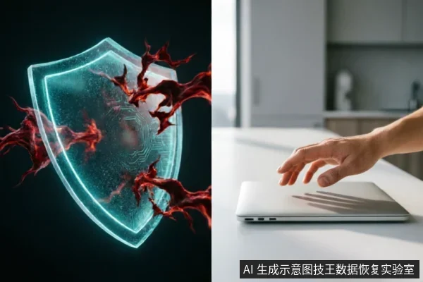 左侧为蓝色发光数字盾牌抵御红色触手状攻击的抽象概念图,象征数据安全与防护;右侧展示一只手悬停在闭合的银色笔记本电脑上方,未进行实际接触或操作。