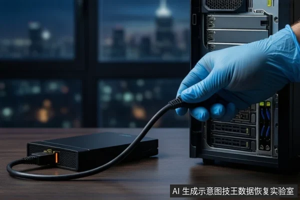 深色桌面上,一只戴蓝色手套的手持黑色线缆接头,正靠近一个黑色外接硬盘盒的接口。右侧有一台打开侧板的黑色台式机箱,背景为模糊的城市夜景窗户。