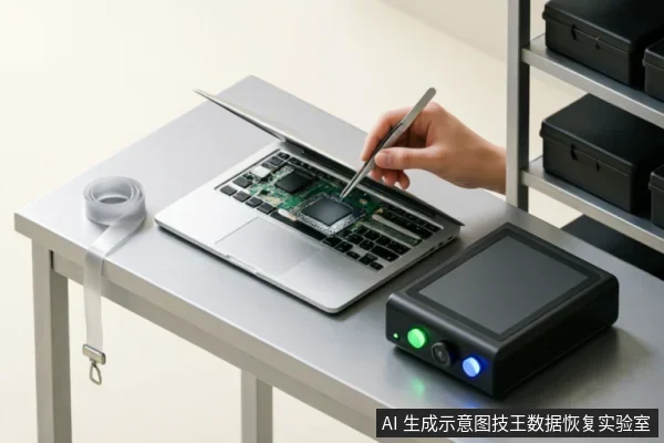 一只手持金属镊子正在对拆开后盖的笔记本电脑内部主板进行操作,桌面上放置有白色打包带及一台带有绿蓝指示灯的黑色检测仪器,背景为存放黑色收纳盒的金属货架,呈现出专业维修或数据恢复实验室的工作场景。