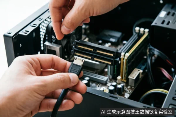 特写镜头展示双手正在将SATA数据线插入台式机主板上的扩展插槽，背景可见内存条、电容及机箱内部结构，演示了检查或更换电脑硬件连接线的具体操作。