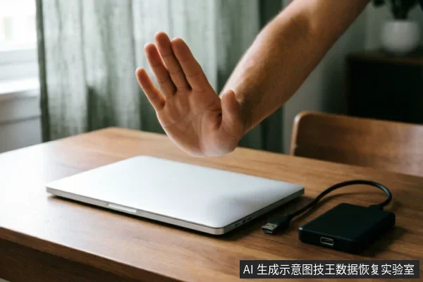 一只手掌在闭合的笔记本电脑和连接的移动硬盘盒上方做出明确的停止手势，示意在数据恢复或硬盘检测初期严禁进行写入操作，强调保持只读状态以保护原始介质安全。
