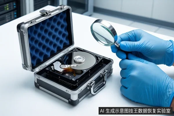 白色桌面上,一个打开的银色金属防震箱内平放一块裸露的机械硬盘。右侧一双戴蓝色手套的手持放大镜悬停在硬盘上方,背景为模糊的实验室环境。
