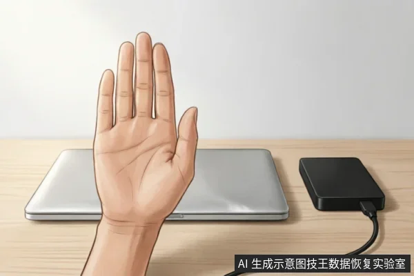 一只手掌在闭合的笔记本电脑前做出停止手势,旁边连接着移动硬盘,示意在硬盘故障时立即停止通电操作。