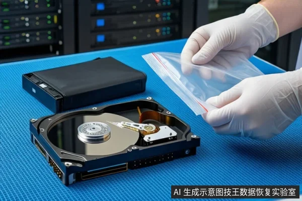 蓝色防静电垫上平放一块打开外壳的机械硬盘,左侧放置一个闭合的黑色防震箱。右侧一双戴白色手套的手正握持一个透明自封袋,悬停在硬盘上方。背景为模糊的服务器机柜。