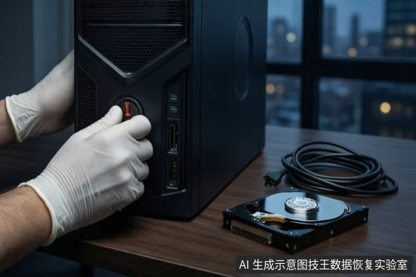 木质桌面上,戴白手套的双手正按压黑色塔式主机正面的红色电源按钮,右侧平放一块打开外壳的机械硬盘,背景为模糊的城市夜景。