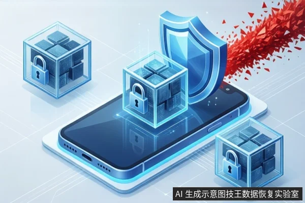 白色网格背景上，一部智能手机平放，上方悬浮带挂锁的透明数据立方体和蓝色盾牌，右侧有红色破碎效果。