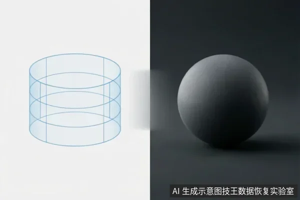 画面分为左右两部分,左侧为浅蓝色线框圆柱体结构,右侧为深灰色哑光球体,中间有模糊光影连接。该图通过抽象几何形态对比,示意数据逻辑结构与物理介质实体之间的区别或转换关系。