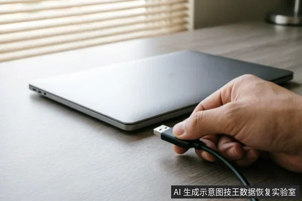 一只手持黑色USB数据线,正准备将其插入放置在木纹桌面上的银灰色笔记本电脑侧面接口。背景有百叶窗光影,画面聚焦于连接动作,无屏幕文字显示。