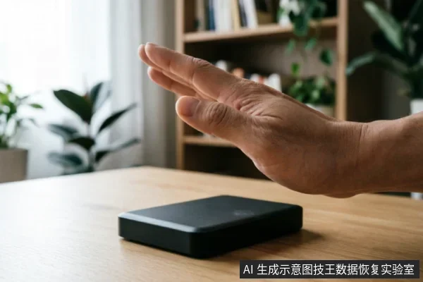 一只悬停在黑色移动硬盘上方的手,掌心向下做出停止或拒绝的手势。背景为模糊的室内桌面与书架,示意在设备故障时立即停止操作、避免进一步写入数据以保护安全。
