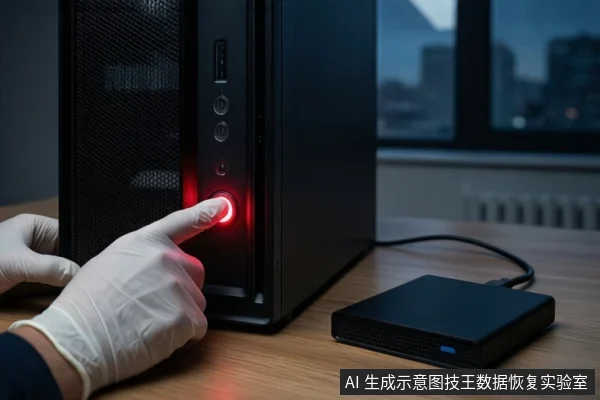 木质桌面上,一只戴白手套的手正在按压黑色塔式主机正面亮红灯的电源按钮,右侧平放一个黑色外接硬盘盒,背景为模糊的城市夜景。