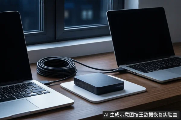 深色木桌上左右各有一台打开的银色笔记本电脑，中间白色垫子上平放一个黑色外接硬盘盒，连接黑色线缆，左侧盘绕一根黑色USB线缆，背景是夜晚的窗户。