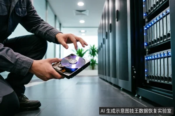 一名技术人员蹲在服务器机房内,手持一块已打开外壳的机械硬盘,展示内部反光的磁盘盘片。背景为排列整齐且亮着蓝色指示灯的黑色服务器机柜,体现了数据硬件维护与存储介质的物理环境。