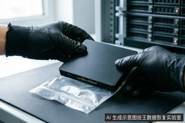 一双戴着黑色防静电手套的手正拿持一块黑色移动硬盘,准备将其放入透明密封袋中。背景可见服务器机柜,表明处于专业数据中心或受控环境内,展示了保护原始介质以防二次损坏的专业操作。