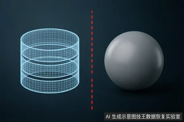 左侧为一个蓝色线框结构的圆柱体，象征逻辑数据或磁盘分区；右侧为一个灰色实体球体，象征物理存储介质。中间由红色虚线垂直分隔，直观展示了软件逻辑层与硬件物理层的界限及对应关系。