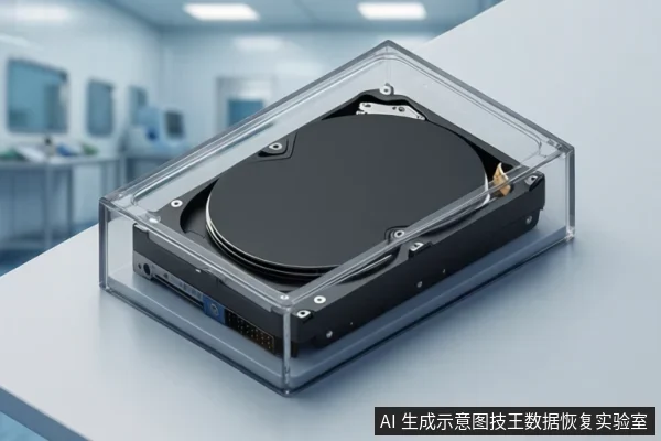 透明外壳内的机械硬盘静置于浅色台面上,背景为虚化的实验室环境,无操作动作。