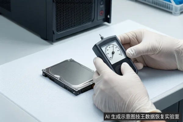 白色桌面上，左侧平放一块银色机械硬盘，右侧一双戴白手套的手持黑色指针式检测仪，背景有一台黑色主机。